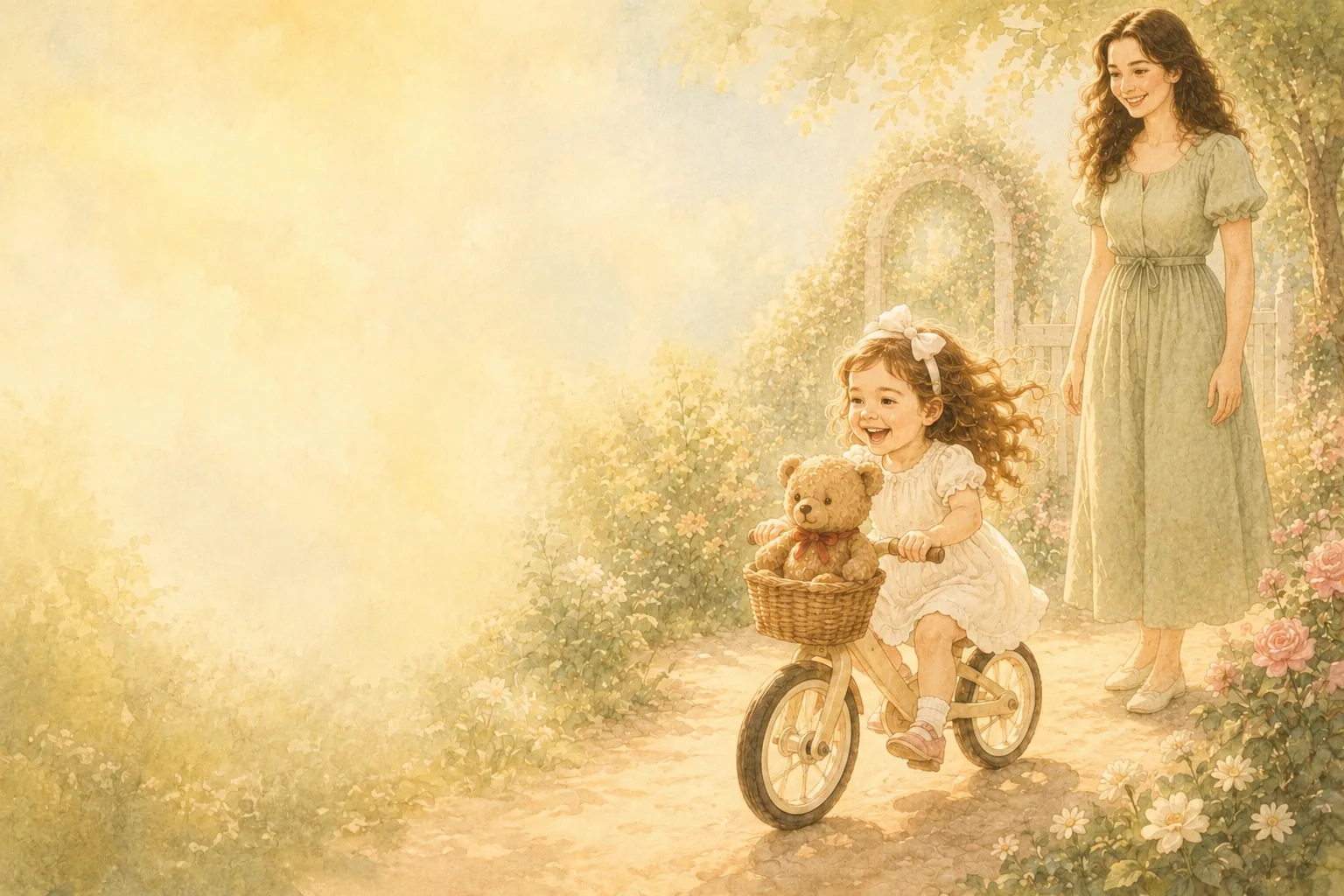 Watercolour illustration of a little girl riding her bike with a teddy in the basket while her mother watches
