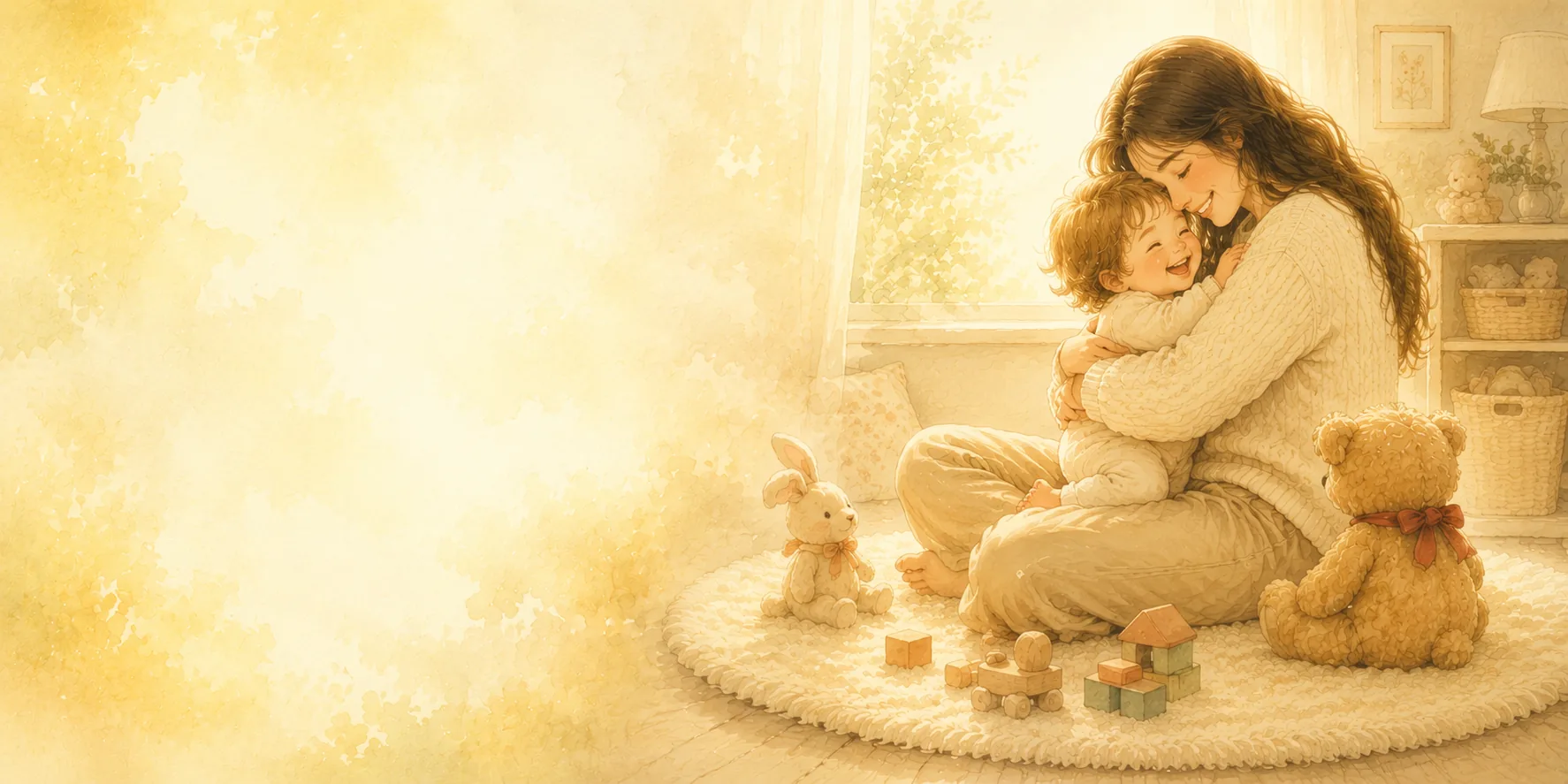 Watercolour illustration of a mother hugging her laughing little one on a soft rug