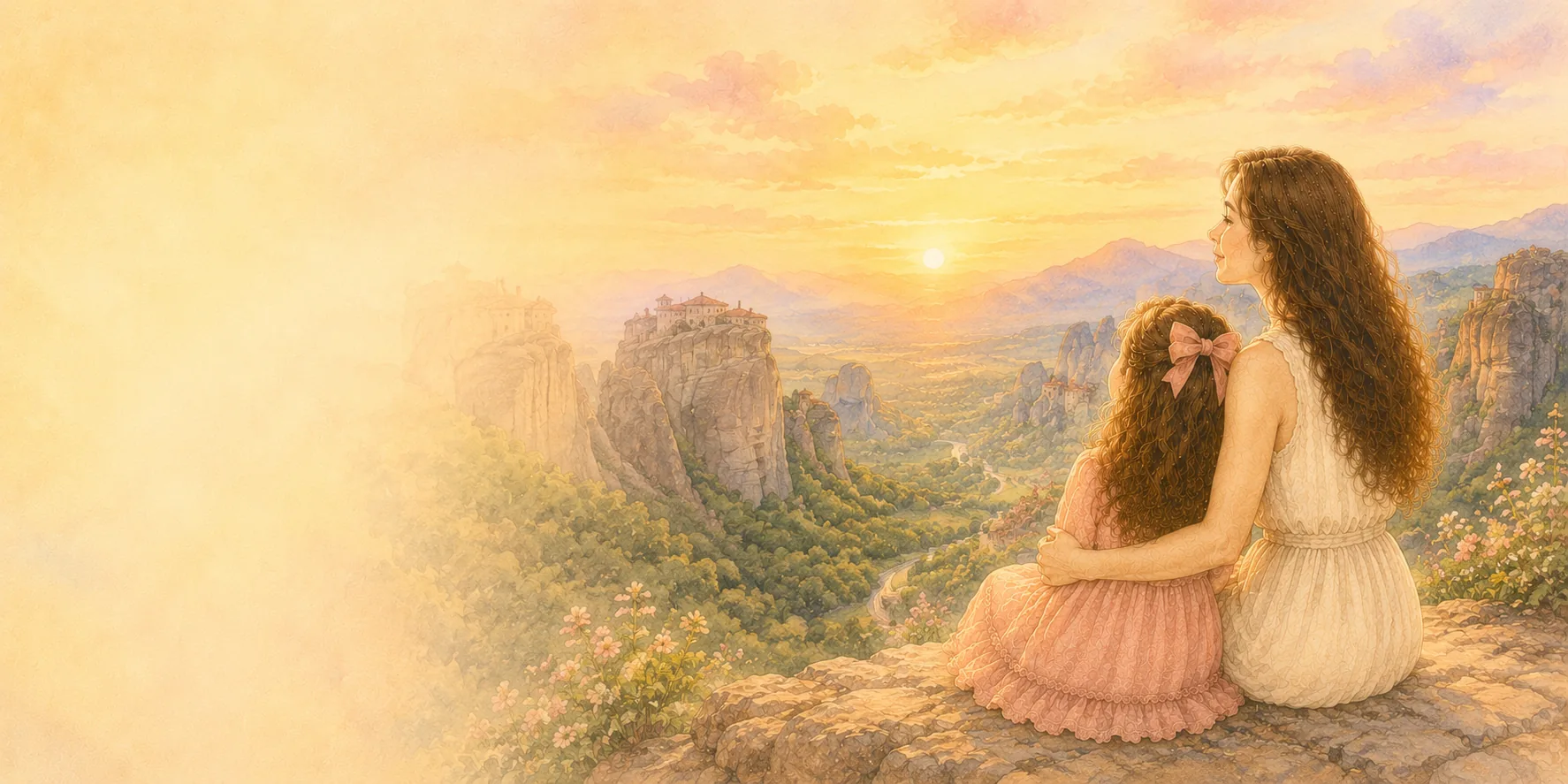 Mother and daughter watching the sunset together over a valley