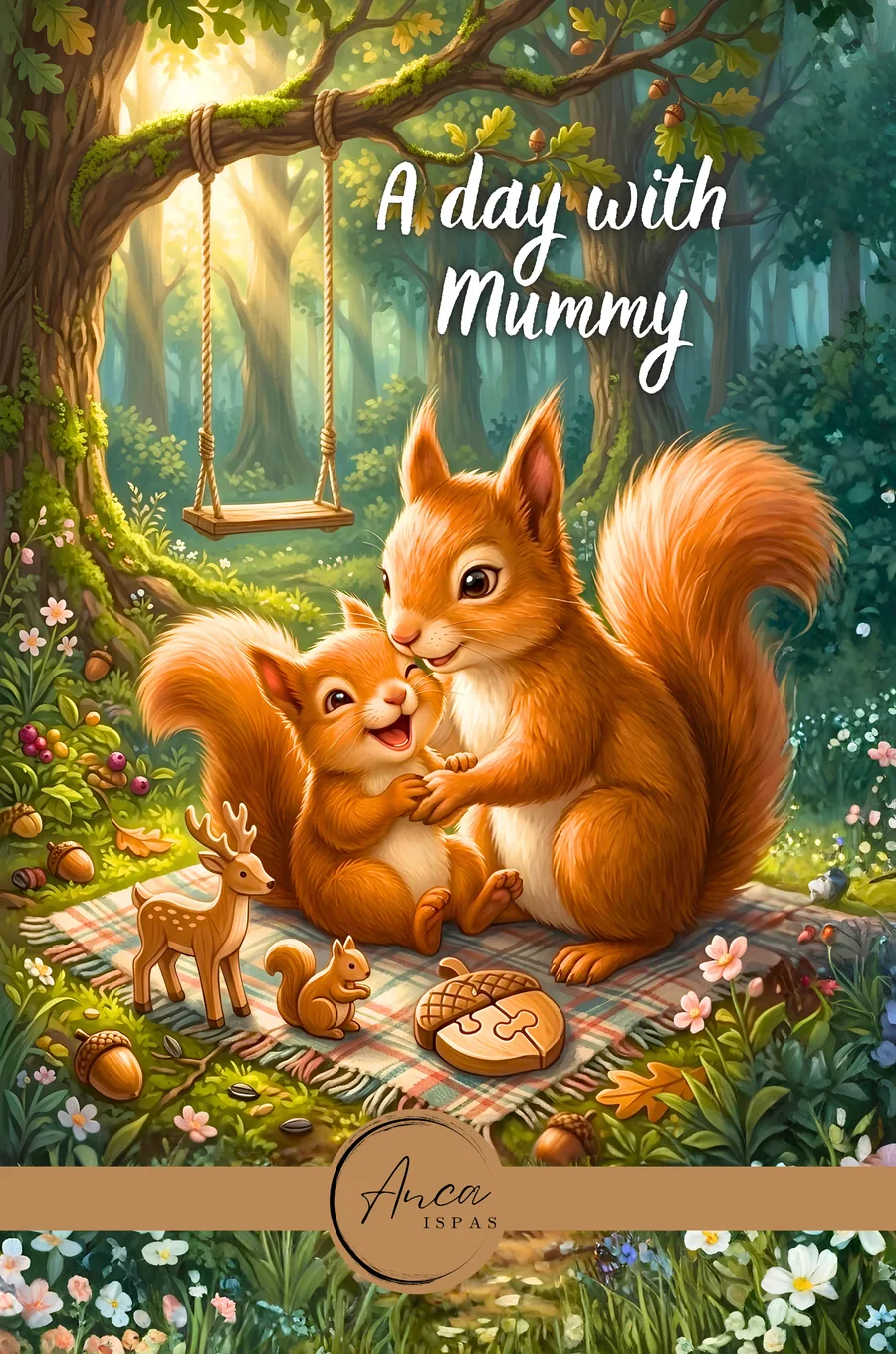 Cover of A Day with Mummy — two red squirrels cuddling on a picnic blanket in the forest