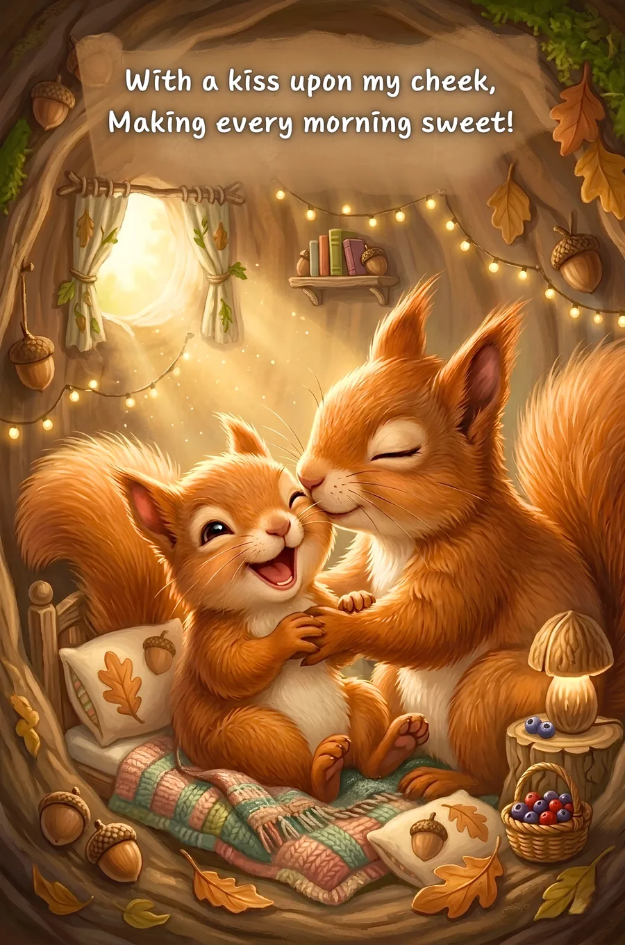 Book page: mummy squirrel kissing her little one goodnight
