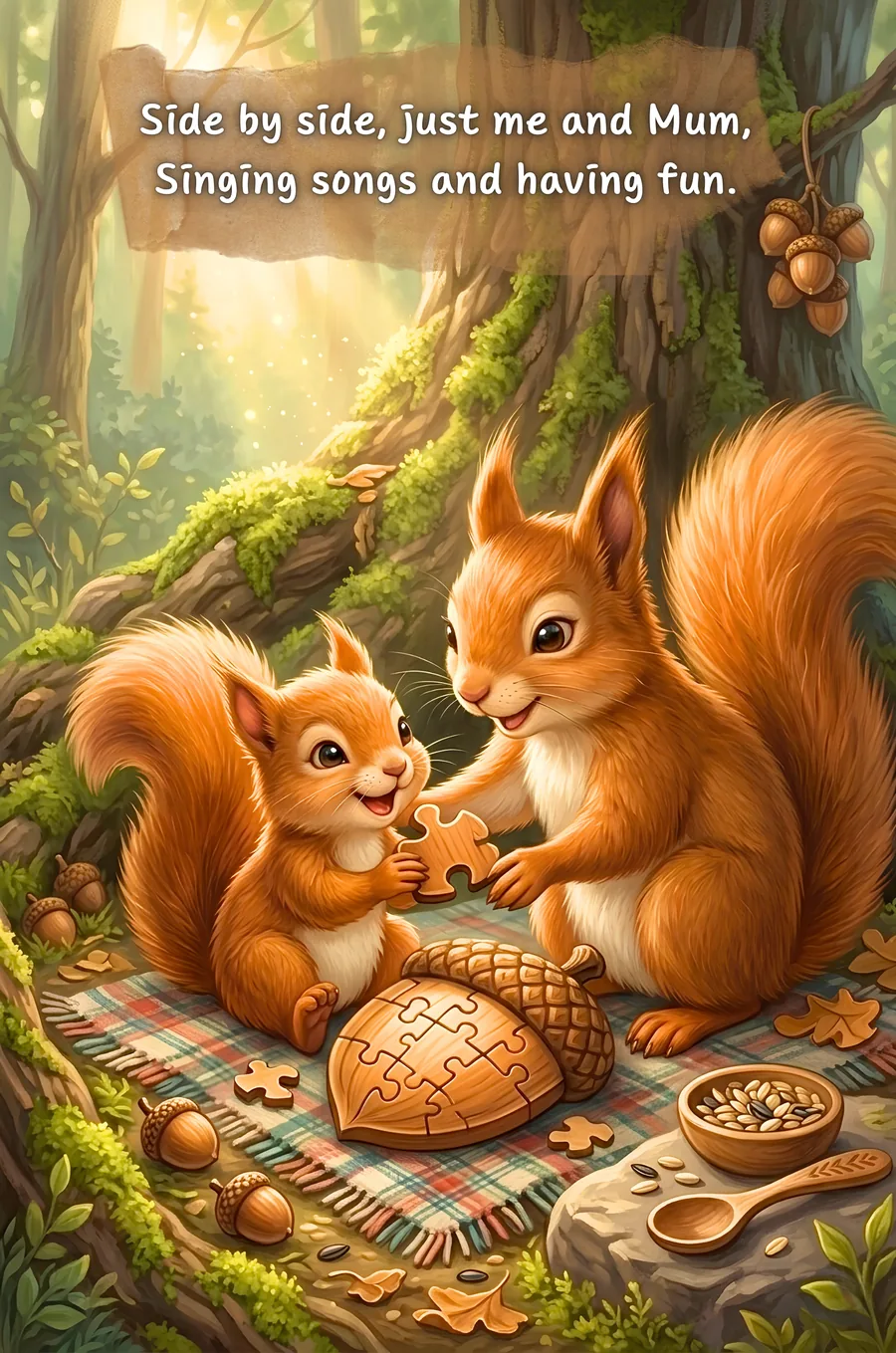 Book page: squirrels solving an acorn puzzle together