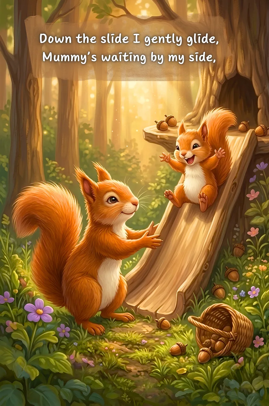 Book page: little squirrel sliding down a wooden slide