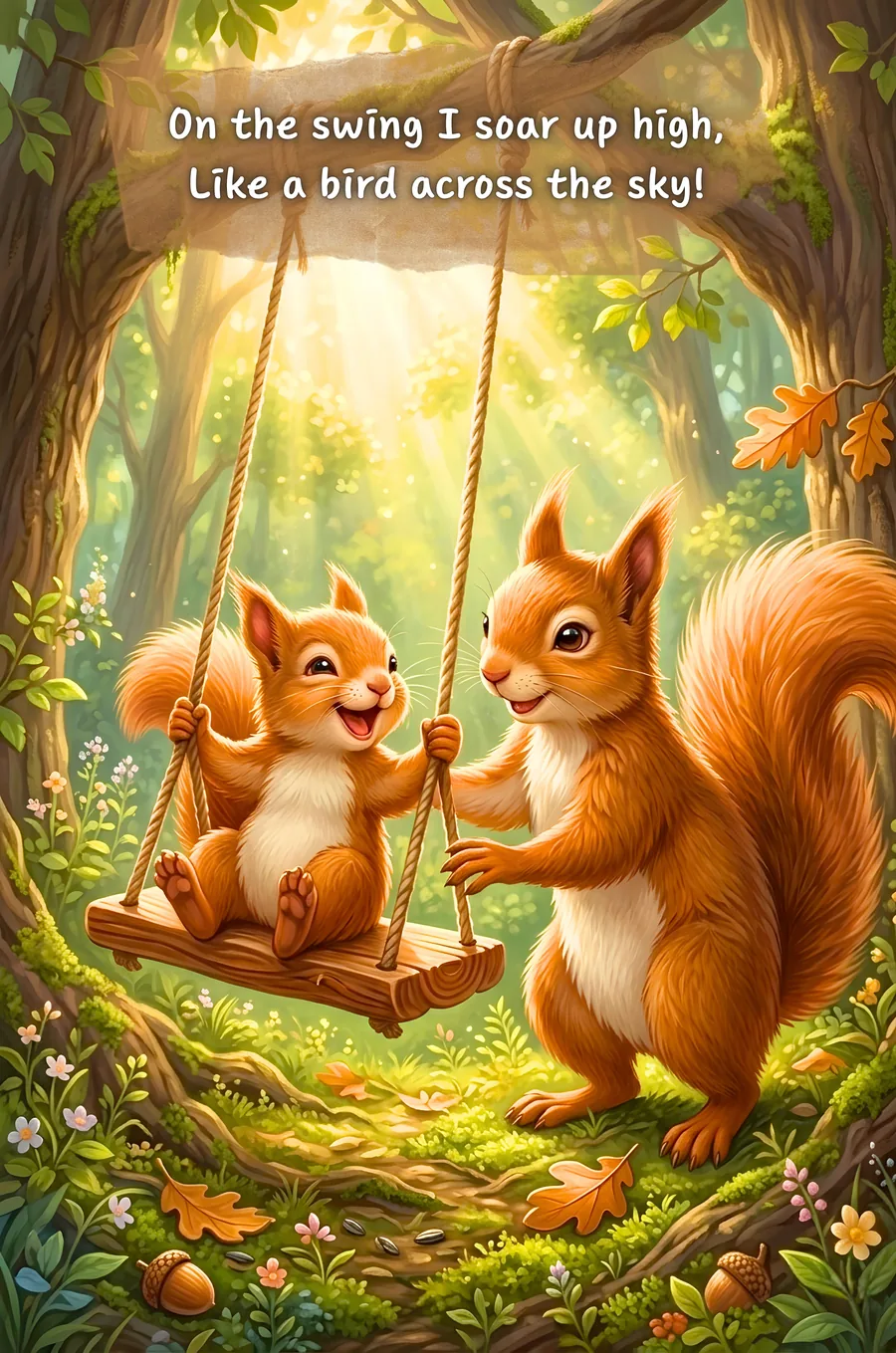 Book page: little squirrel on a rope swing